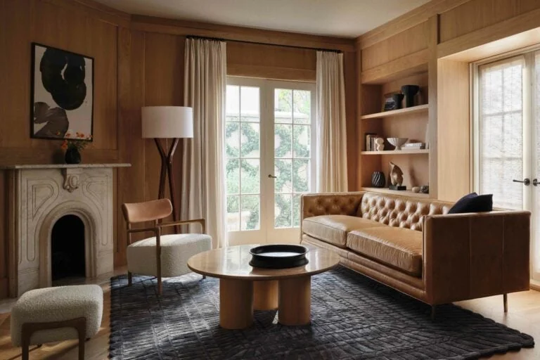 Wood-paneled living room with tan tufted leather sofa, marble fireplace, round coffee table and dark rug, for Anthropologie.